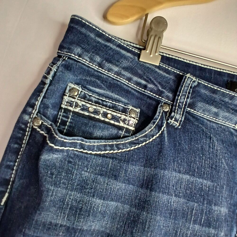 Love Indigo Bootcut Jeans Embroidered Cross Flap Pockets Glam 34x29 McBling Y2K - Picture 8 of 11